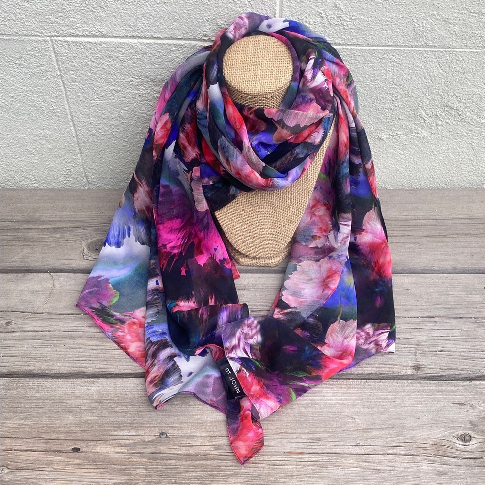 ST. JOHN 100% Silk Long Floral Scarf 24” by 80” Stunning EUC